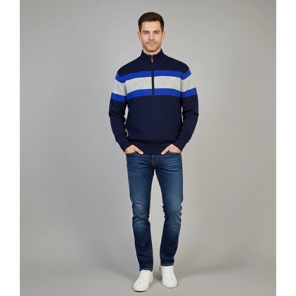 Amicale 100% Cashmere Mens Sweater 1/4 Zip Striped Colorblock Blue Large Rare